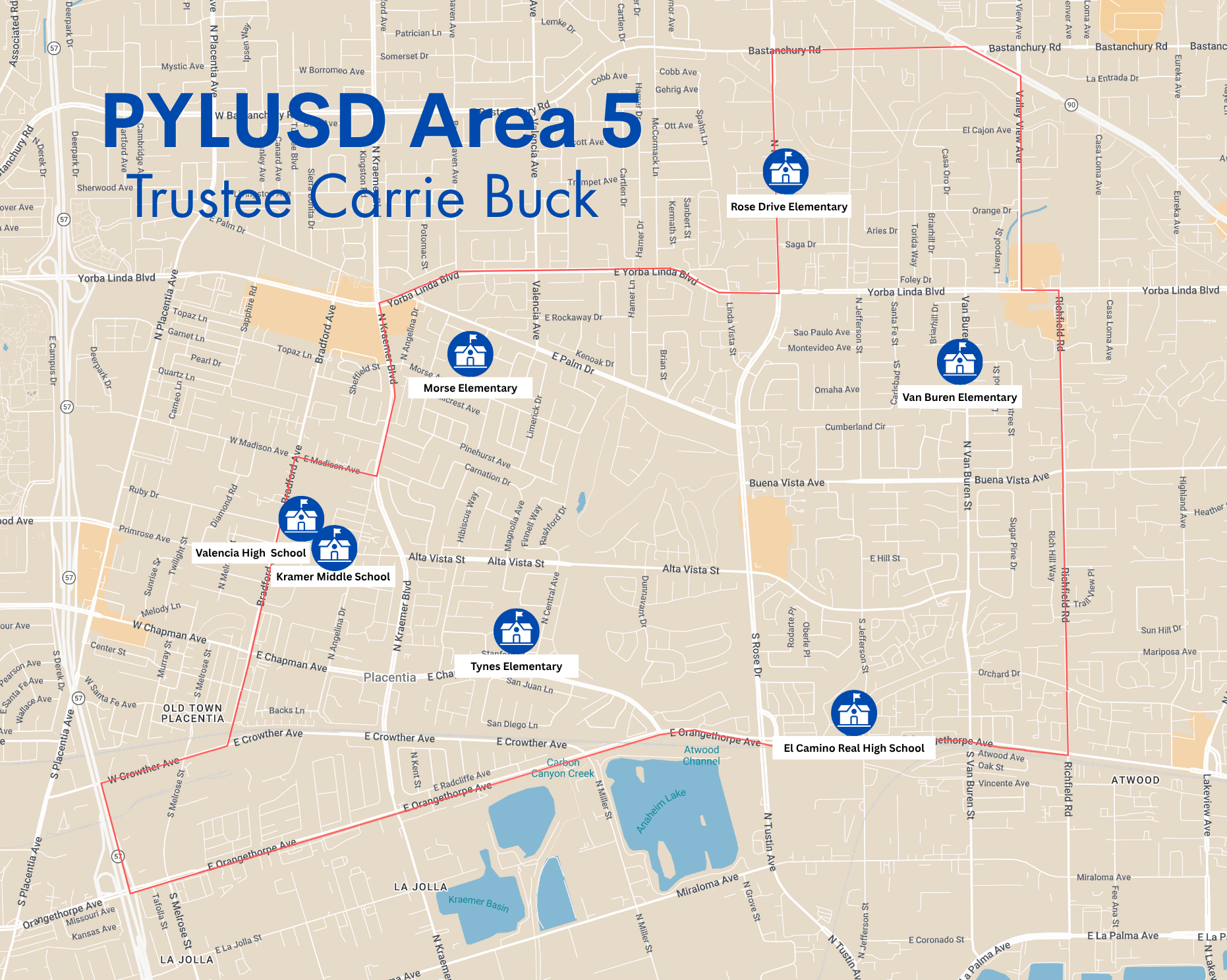 PYLUSD Area 5 Trustee map showing Rose Drive Elementary, Morse Elementary, Van Buuren Elementary, Valencia High School, Kramer Middle School, Tynes Elementary, El Camino Real High School